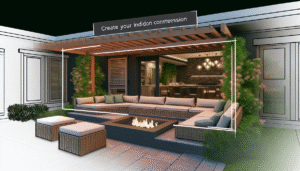 Modern minimalist outdoor conversation pit with rectangular concrete built-in seating, linear gas fire pit, and subtle LED lighting.