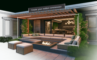 Modern minimalist outdoor conversation pit with rectangular concrete built-in seating, linear gas fire pit, and subtle LED lighting.