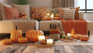 Infographic: Spring candle scents by room, showing a living room with citrus and floral, bedroom with lavender, and kitchen with herbaceous scents.