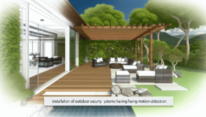 Infographic illustrating optimal outdoor camera placement and Wi-Fi signal coverage for motion detection security systems.