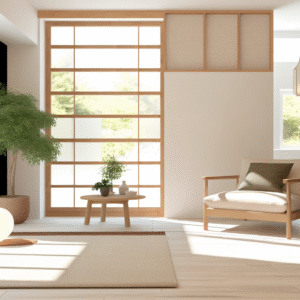 A Japandi living room with a neutral color palette of warm grays, creams, and natural wood, accented by a single sage green throw. Alt: Japandi interior design colors, neutral home decor, earthy tones.