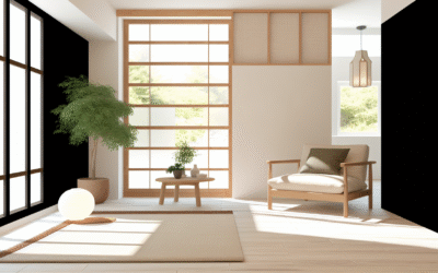 A Japandi living room with a neutral color palette of warm grays, creams, and natural wood, accented by a single sage green throw. Alt: Japandi interior design colors, neutral home decor, earthy tones.