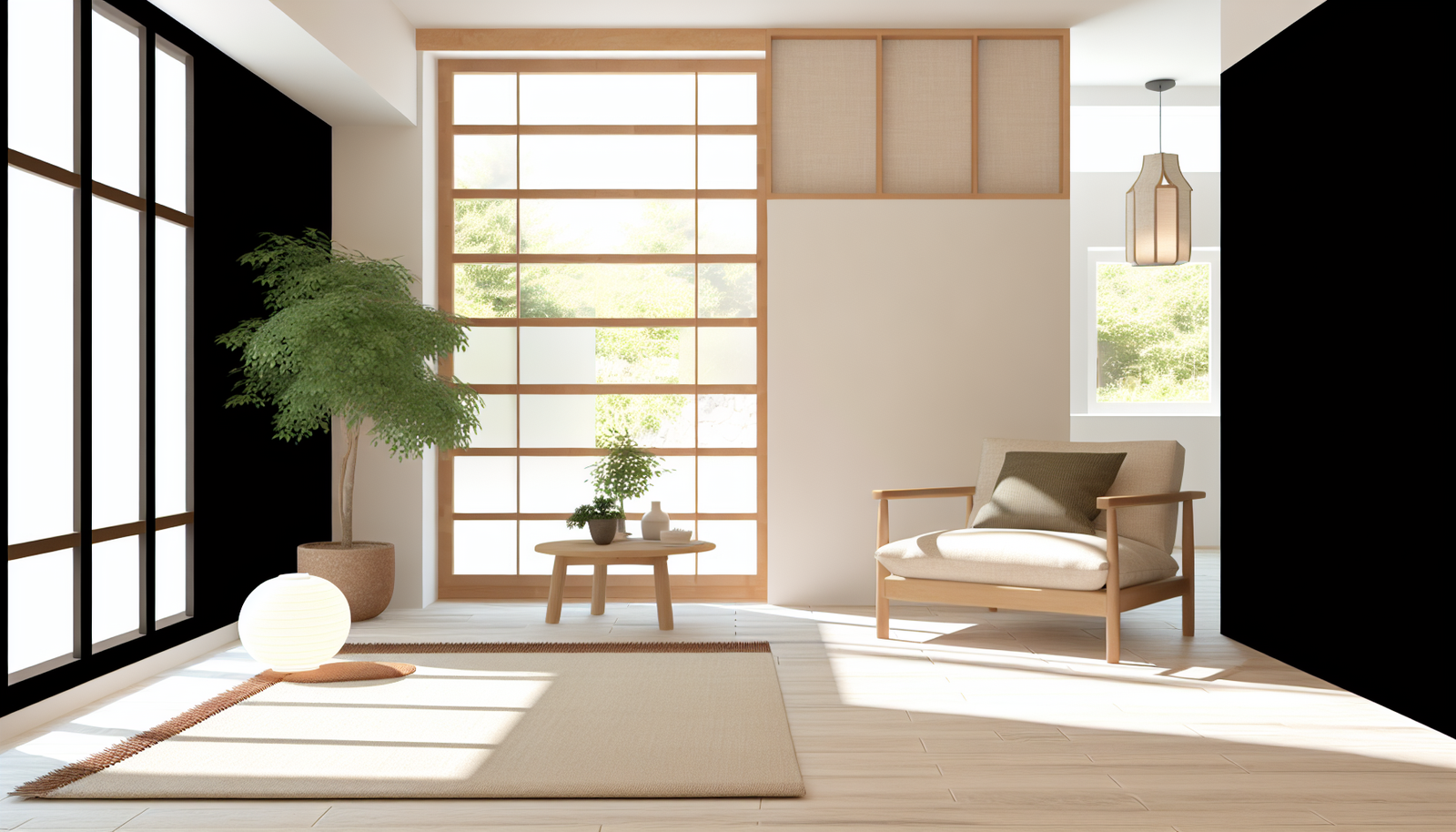 A Japandi living room with a neutral color palette of warm grays, creams, and natural wood, accented by a single sage green throw. Alt: Japandi interior design colors, neutral home decor, earthy tones.