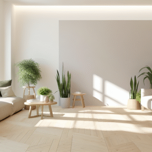 Japandi style slatted wood accent wall in a living room