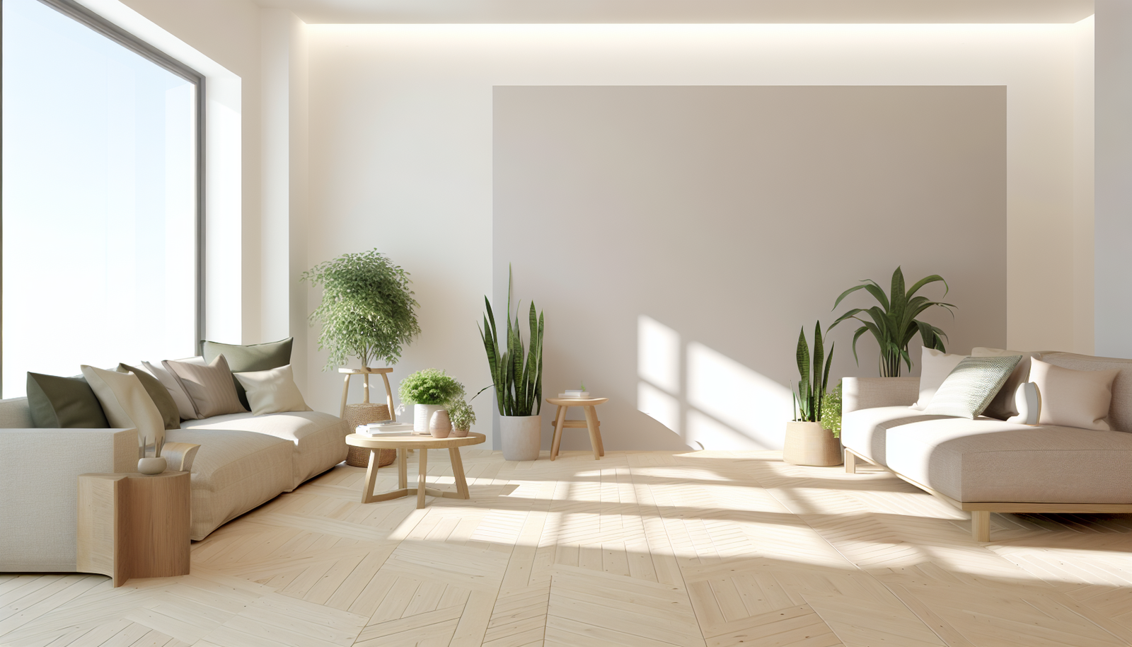Japandi style slatted wood accent wall in a living room