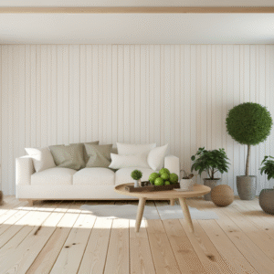 Pet-friendly Japandi flooring with light wood and a woven rug