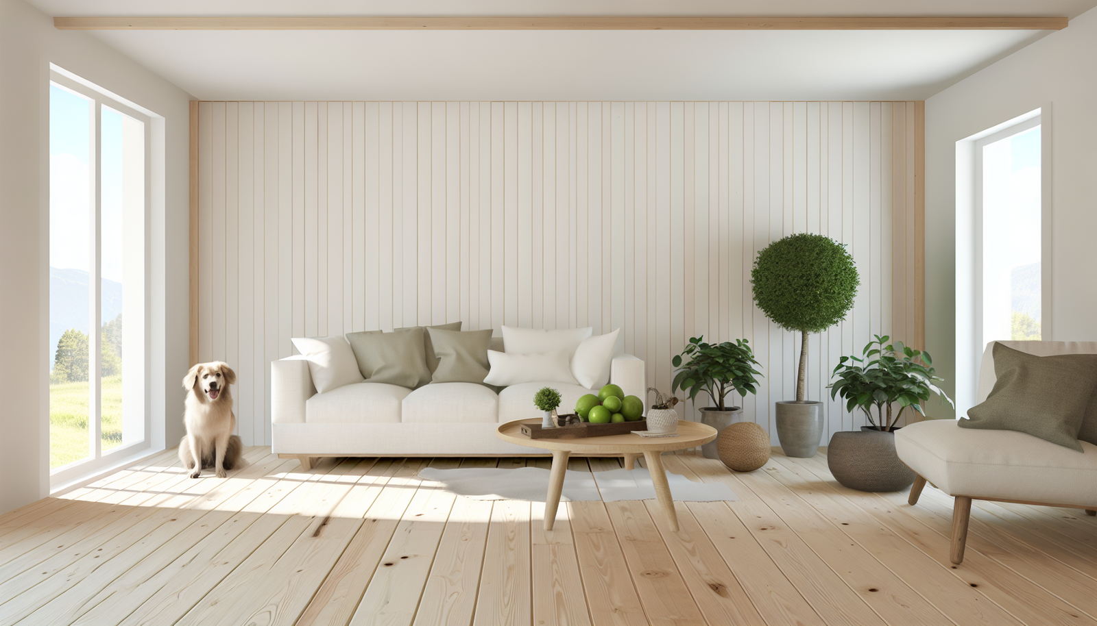Pet-friendly Japandi flooring with light wood and a woven rug