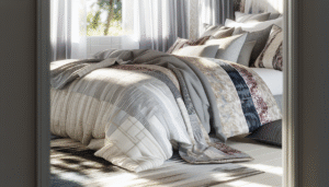 Close-up of various bedding textures including a knitted throw, a quilted blanket, and smooth sheets.