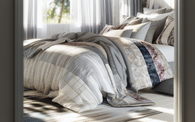 Close-up of various bedding textures including a knitted throw, a quilted blanket, and smooth sheets.