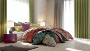 A maximalist bed with multiple layers of patterned sheets, duvets, and pillows, demonstrating the 'more is more' concept.