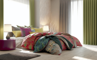 A maximalist bed with multiple layers of patterned sheets, duvets, and pillows, demonstrating the 'more is more' concept.