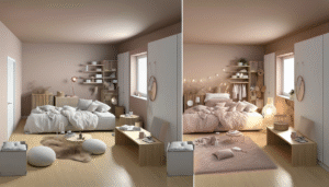 A serene soft blush bedroom with natural light and plush textiles