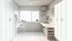 A well-organized craft room pegboard holding scissors, rulers, and various small craft tools.