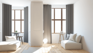 Cozy window seat with built-in storage drawers below, styled with pillows and a blanket, allowing natural light to fill the space.