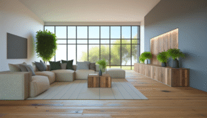 Infographic: 7 Steps to a Sustainable Entryway with options for flooring, storage, lighting, and plants. Keywords: reclaimed wood, LED lighting, air-purifying plants, recycled textiles.