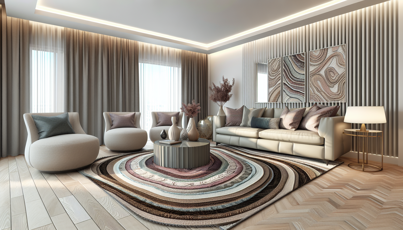 Large neutral jute rug anchoring a living room with furniture on top, ready for layering.