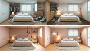 Mood board showing soft blush paint swatches, fabric textures, and metallic accents for a blush bedroom design.