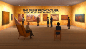 Two people engaged in conversation in front of a modern art piece in a gallery setting with other art visible, showcasing the concept of selecting art that inspires talk.