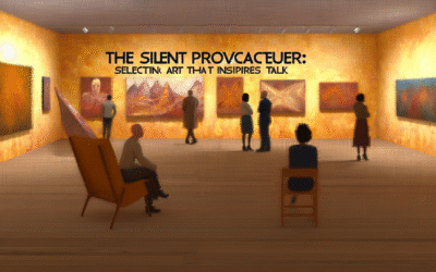 Two people engaged in conversation in front of a modern art piece in a gallery setting with other art visible, showcasing the concept of selecting art that inspires talk.