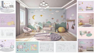 Child's room with galaxy projector casting stars and nebulae on the ceiling.