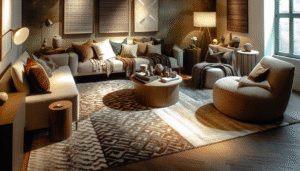 Two layered rugs in a living room, a large jute rug beneath a smaller patterned rug on a hardwood floor.