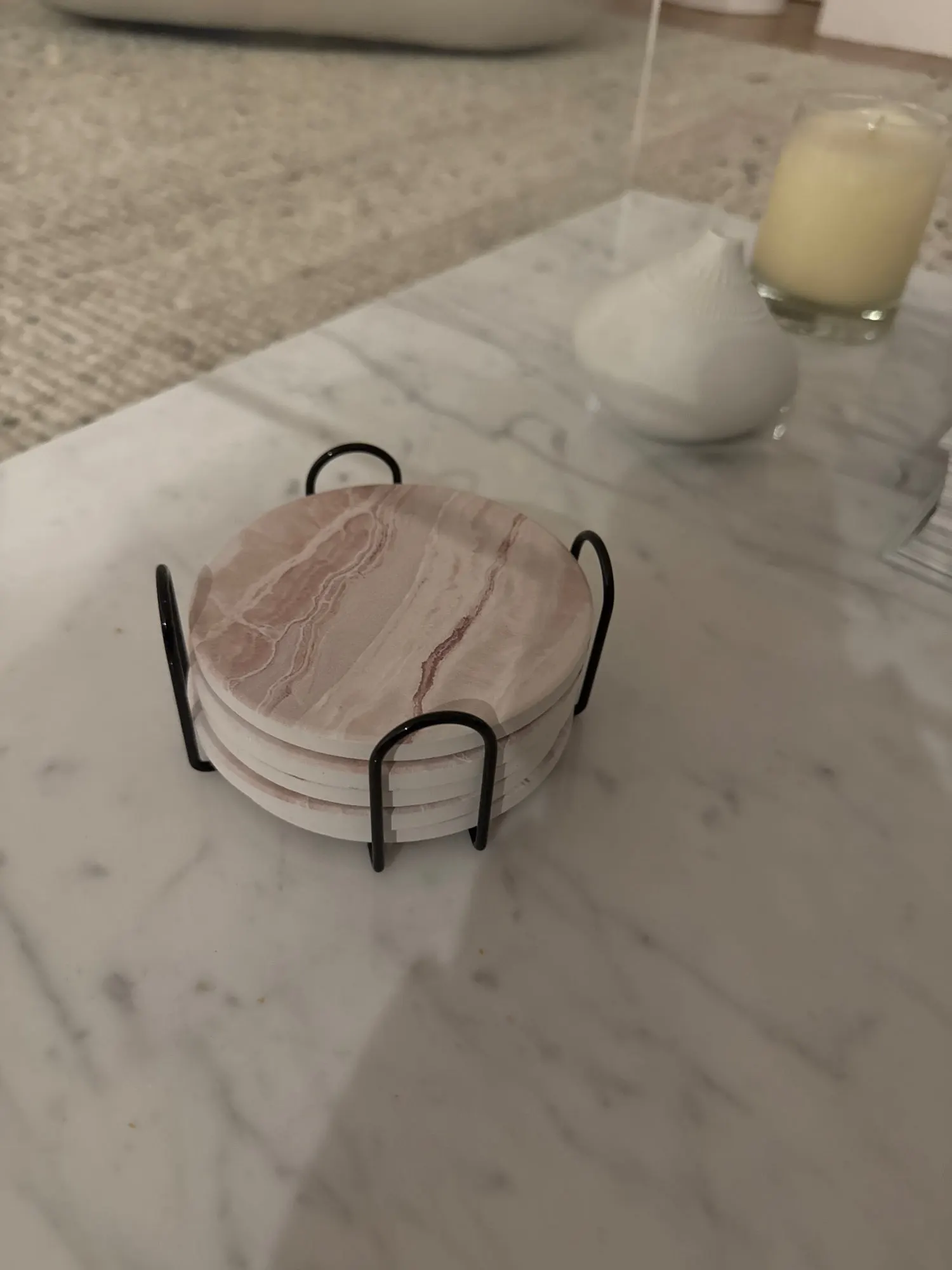 6Pcs Beverage Coaster Set with Bracket, Marble Style, Ceramic Beverage Coaster for Desktop Protection photo review