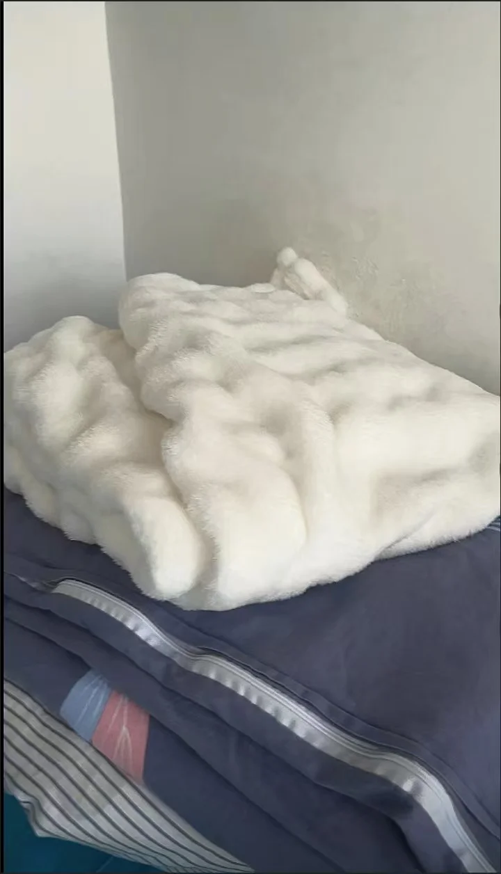 Plush White Striped Faux Rabbit Fur Throw Blanket for Cozy Comfort photo review