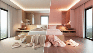 Infographic showing various soft blush color palettes with complementary neutrals, greens, and metallics.