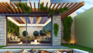 Infographic illustrating different layout options for outdoor meeting spaces, showing seating arrangements, presentation zone, and breakout areas.