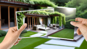 Aerial view of a backyard being assessed for a wedding layout with zones marked for ceremony, reception, and catering.