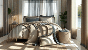 Bedroom with deep navy and slate gray bedding, coastal style