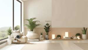 Person meditating in a quiet corner next to a window with soft light