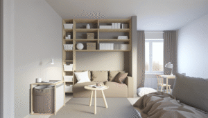A living room showcasing small space solutions using neutral tones, featuring a cream sofa, light wooden coffee table, white walls, and a muted grey rug.