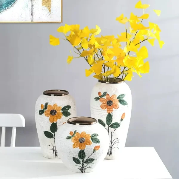 Nordic Hand Painted Sunflower Ceramic Vase, White Abstract Vase, Living Room Ornaments, Inserted Dried Flowers, Arrangement