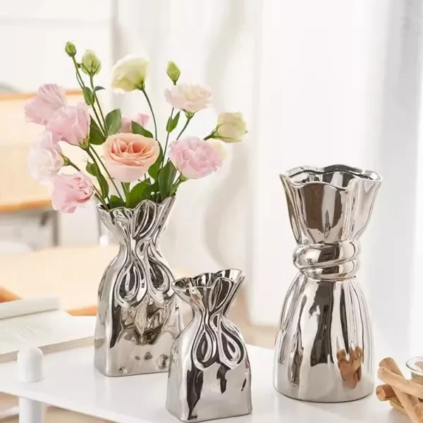 Premium Feeling Simple Silver Plated Ceramic Vase Living Room Table Creative Flower Arrangement Flower Holder
