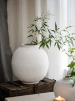 Large Size White Thi Earthenware Flower Vase Cerc Imitation Living Room Floor Standing Moon Clay Pot Vintage Flower Holder