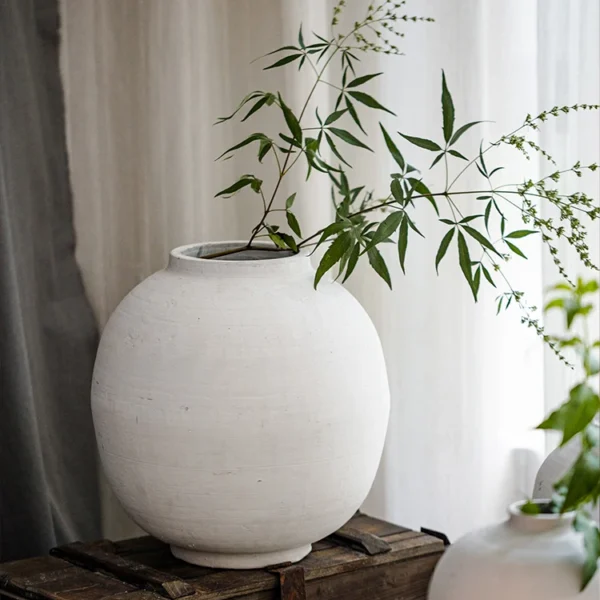Large Size White Thi Earthenware Flower Vase Cerc Imitation Living Room Floor Standing Moon Clay Pot Vintage Flower Holder
