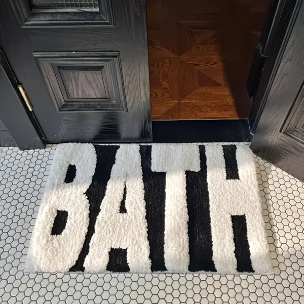 1pc "BATH" Design Non-Slip Bath Mat, Ultra Absorbent Polyester Bathroom Rug, Black and White Textured Entryway Carpet