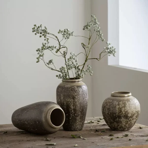 Jingdezhen Zen ornament large rough pottery jar handmade flower arrangement retro nostalgic ceramic vase