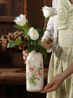 Retro Garden Pink Flower Cerc Small Diameter Vase Decorative Item Office Desktop Dining Table Creative Vintage Countryside...