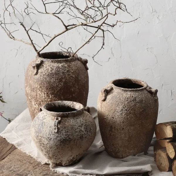 Retro Handmade Terracotta Flower Vase Succulent Pot Clay Jar Dried Flower Vase Japanese Tea Room Decorative Home Accories