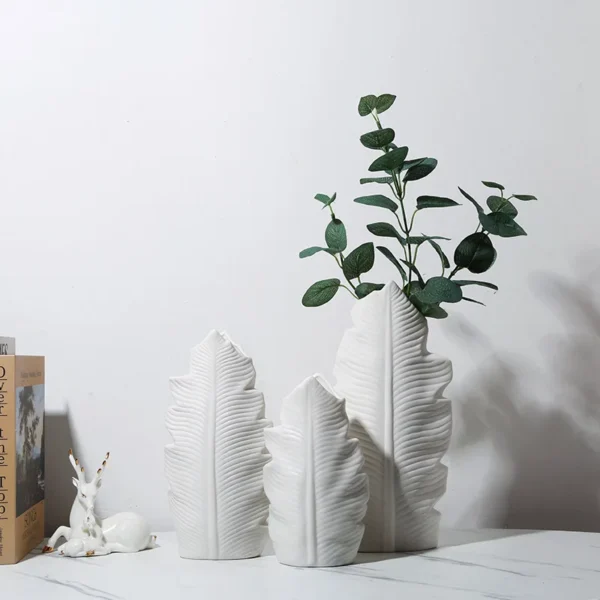 Simple ceramic vintage craft leaf shape vase three pieces rough pottery vase rustic style home decoration