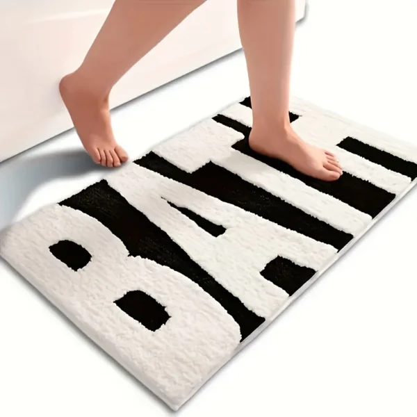 1pc "BATH" Design Non-Slip Bath Mat, Ultra Absorbent Polyester Bathroom Rug, Black and White Textured Entryway Carpet