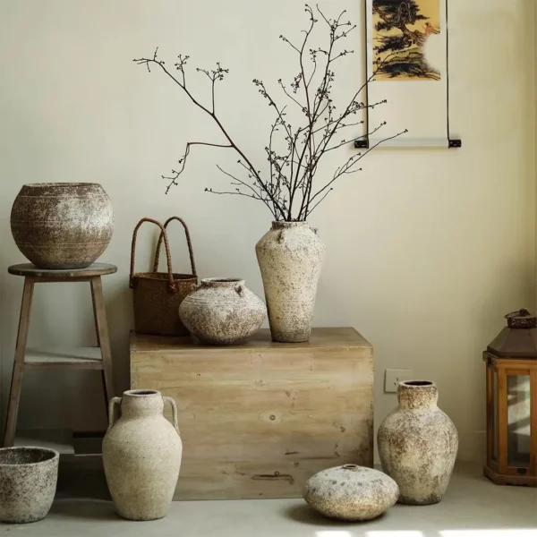 Retro Vase Coarse Ceramic Wabi-sabi Style B&B Pot New Chinese Ceramic Insert Dry Flower Ware Balcony Flower Pot Home Furnishings