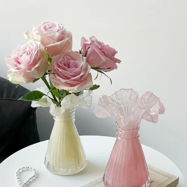 Ruthenium Glass Lace Skirt Vase French Sle Small Size Tabletop Flower Pot for Home Decor Bedroom Living Room Dining Room