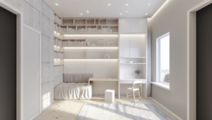 Tall vertical storage shelves in a small room