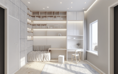 Tall vertical storage shelves in a small room