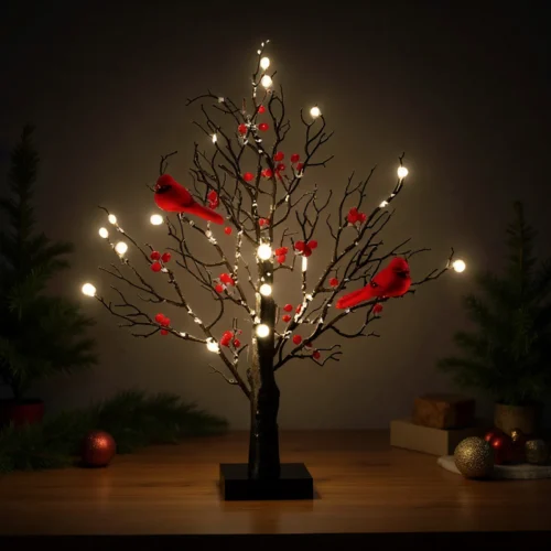 Vintage LED Cardinal Birch Tree Light for Festive Decor
