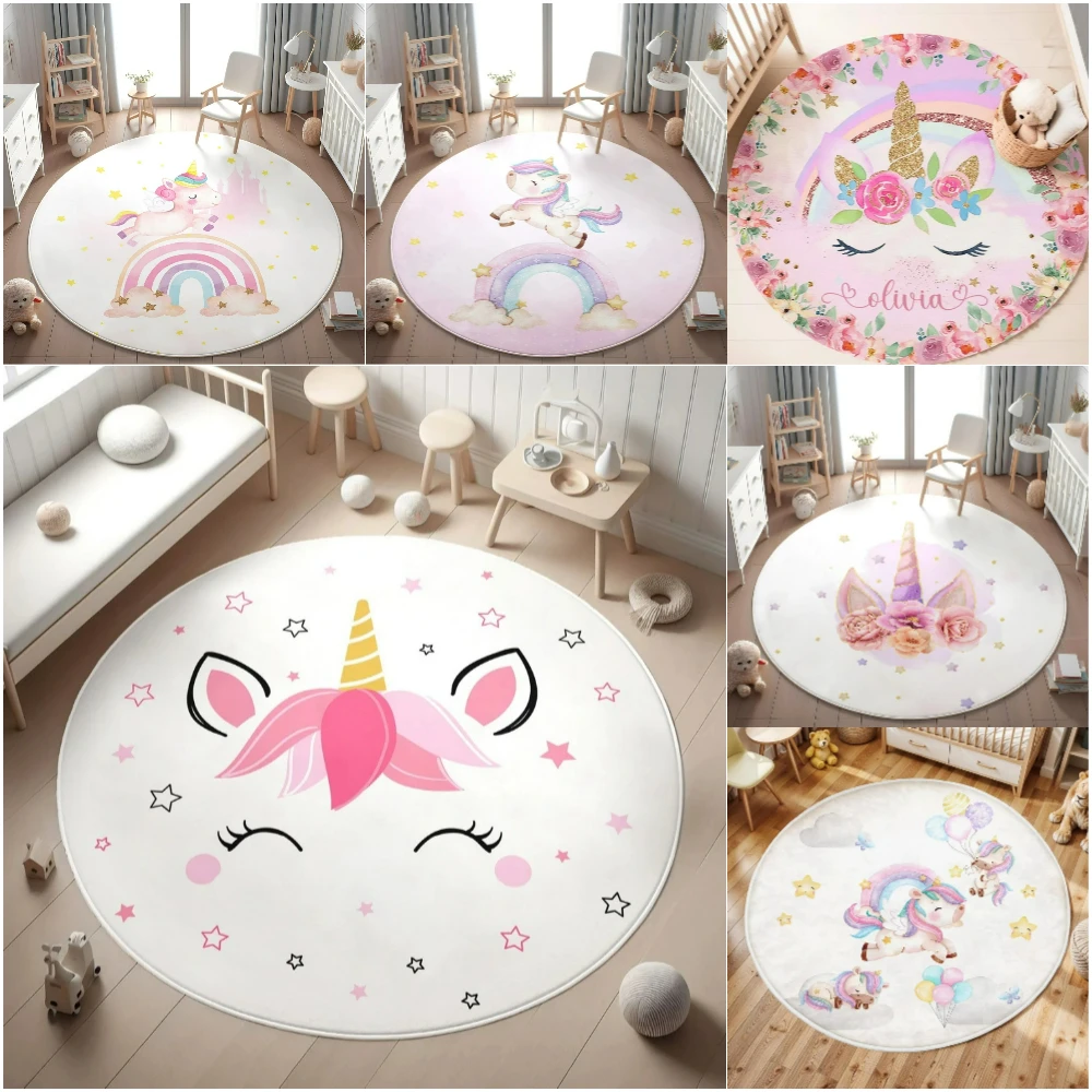 Kf-S791615B412D74C93Aa42A925Cb02Ac7F9 Enchanted Unicorn Floral Round Rug For Home Decor Magical Rainbow Playful Floor Mat For Kids Nursery Bedroom Fantasy Decor - Image 1