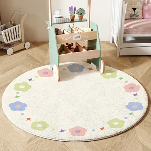 Cute Colorful Pattern Round Rug Playful Soft Plush Non-slip Warm Home Decor Mat for Kids Room Nursery Play Area Bedroom Decor